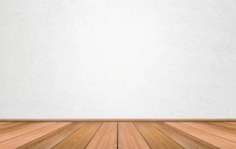 Empty interior room with white cement wall texture and brown wooden floor pat Stock Photos