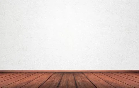 Empty interior room with white cement wall texture and brown wooden floor pat Stock Photos