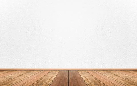 Empty interior room with white cement wall texture and brown wooden floor pat Stock Photos