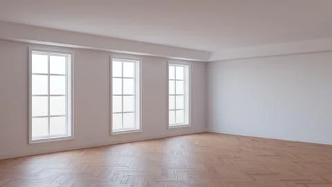 Empty Interior of the Room with White Stucco Walls, Three Large Windows Stock Illustration