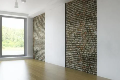 Empty Interior Room with Window and Old Brick Wall. Stock Photos