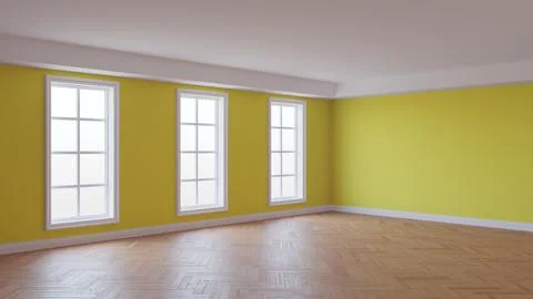 Empty Interior of the Room with Yellow Stucco Walls, Three Large Windows Stock Illustration