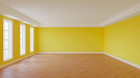 Empty Interior, Room with Yellow Walls, White Ceiling and Cornice, Three Large Stock Illustration