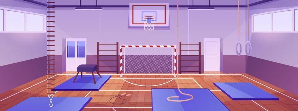 Empty interior of school gym, windows, doors, sports equipment, mats, stairs Ilustración de archivo