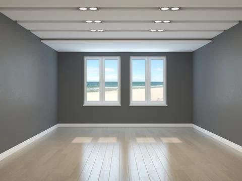 Empty Interior with a Sea View, Grey Walls Stock Illustration
