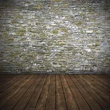 Empty interior with stone wall, 3D render Illustrazione stock