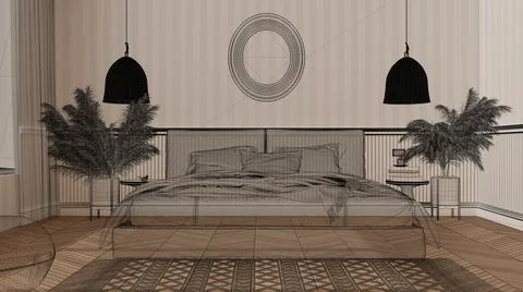 Empty interior with striped wallpaper and herringbone parquet floor, custom a Stock Illustration