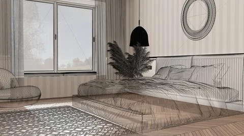 Empty interior with striped wallpaper and herringbone parquet floor, custom a Stock Illustration