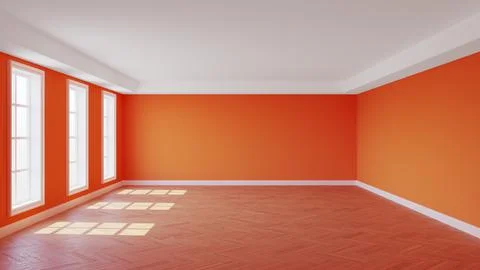 Empty Interior of the Sunny Room with Orange Walls, Three Windows Stock Illustration