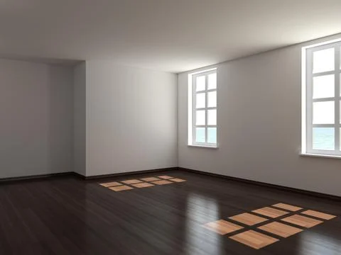 Empty Interior with Two Windows and Dark Parquet Floor Stock Illustration