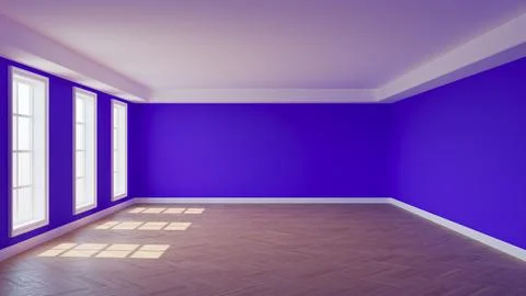 Empty Interior with Violet Walls, Three Windows, White Ceiling Cornice Stock Illustration