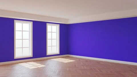 Empty Interior with Violet Walls, Two Windows, White Ceiling and Cornice Stock Illustration