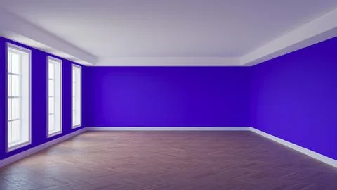 Empty Interior with Violet Walls, White Ceiling and Cornice, Three Large Windows Stock Illustration