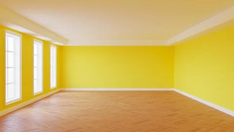 Empty Interior with Yellow Walls, White Ceiling and Cornice, Three Large Windows Stock Illustration