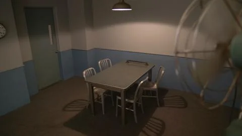 EMPTY INTERROGATION ROOM, HIGH ANGLE Stock Photos