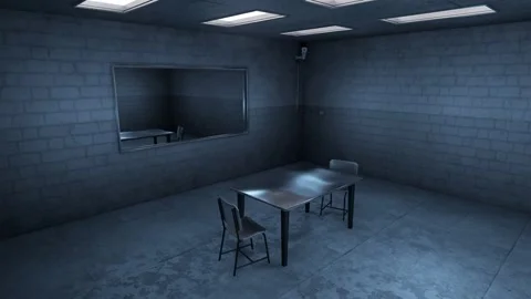 Empty interrogation room. Lights turning on at investigation room. Stock Footage 305210726