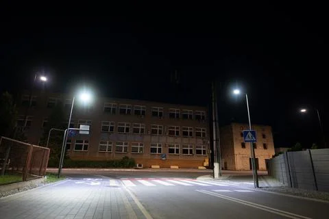 Empty intersection and crosswalk at a background of building Фото