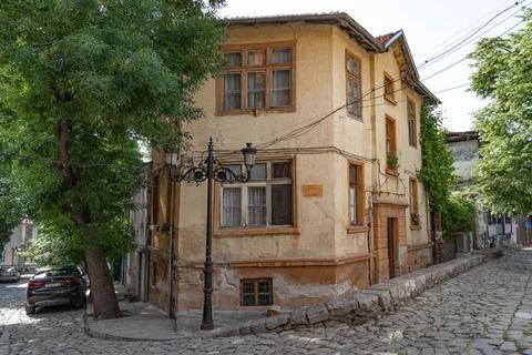 Empty intersection of paved streets in Plovdiv Stock Photos