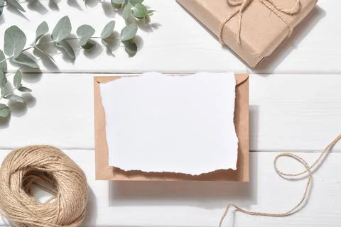 An empty invitation on a white background with eucalyptus branches and natura Stock Photos