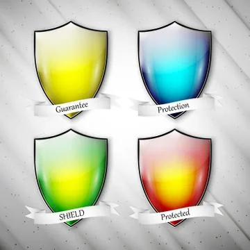 Empty isolated colored shields on dirty gray background. Vector format Stock Illustration