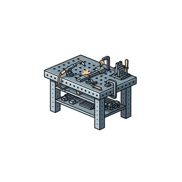 Empty isometric workshop workbench table with clamps and industrial fixtures 스톡 일러스트