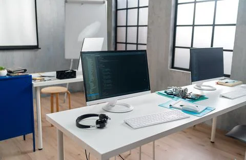Empty IT Classroom, Computer Education. Training Programming. Stock Photos