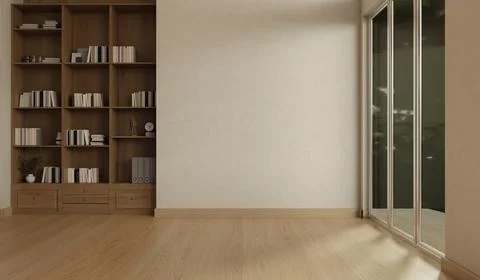Empty Japandi Living Room Interior with Blank Wall Wooden Bookshelf and Har.. Illustrazione stock