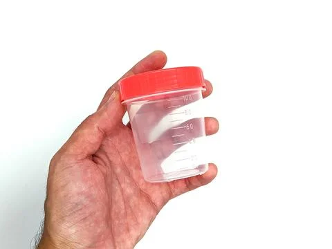 Empty jar for analysis in a person's hand. close up photo on white background Stock Photos