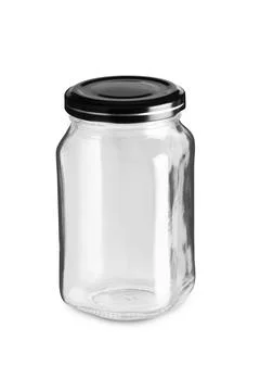 Empty jar with black cap isolated on white Stock Photos