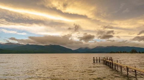 Empty Jetty By The Lake Te Anau. Sunset Motion Time Lapse Pan Right 스톡 동영상 63888913
