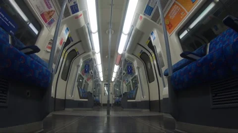 Empty Jubilee Line Train Carriage During Lockdown In London. Low Angle View Stock Footage 145688811