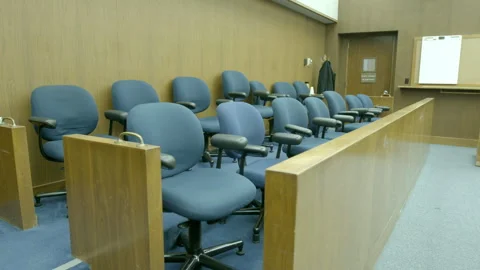 Empty Jury Box and Chairs in Law Courtroom Stock Footage 343964890