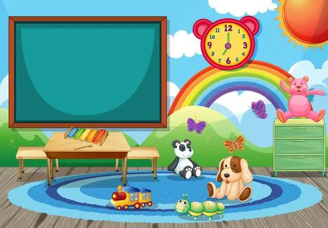 Empty kindergarten classroom interior with chalkboard and kid toys 스톡 일러스트
