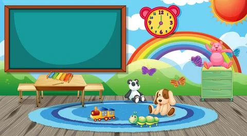 Empty kindergarten classroom interior with chalkboard and kid toys Stock Illustration