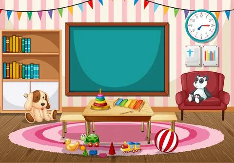 Empty kindergarten classroom interior with chalkboard and kid toys Stock Illustration