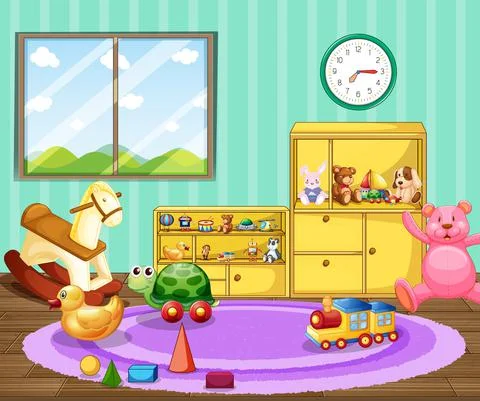 Empty kindergarten classroom interior with many kid toys 스톡 일러스트