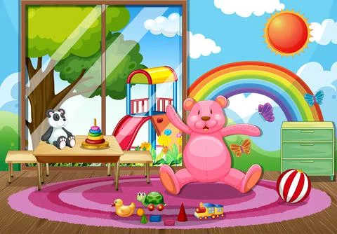 Empty kindergarten classroom interior with many kid toys 스톡 일러스트