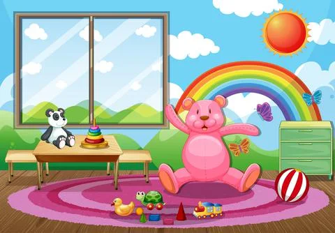 Empty kindergarten classroom interior with many kid toys Stock Illustration