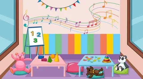 Empty kindergarten classroom interior with many kid toys Stock Illustration