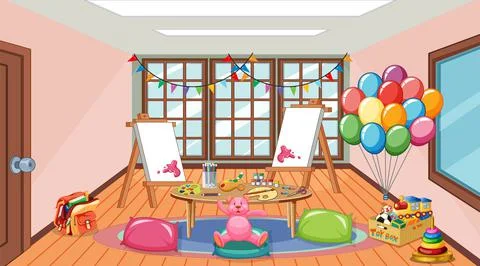 Empty kindergarten classroom interior with many kid toys Stock Illustration