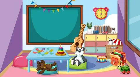 Empty kindergarten classroom interior with many kid toys Stock Illustration