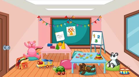 Empty kindergarten classroom interior with many kid toys 스톡 일러스트