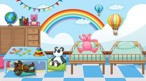 Empty kindergarten classroom interior with many kid toys Stock Illustration