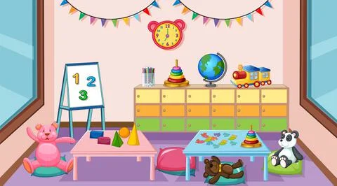 Empty kindergarten classroom interior with many kid toys Stock Illustration