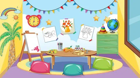 Empty kindergarten classroom interior with many kid toys Stock Illustration