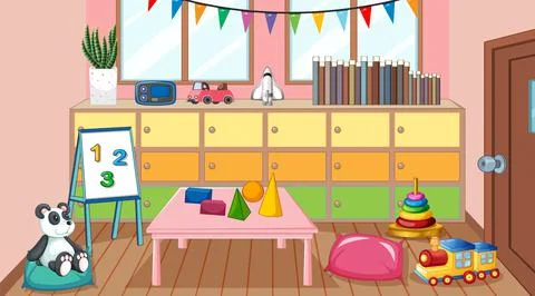 Empty kindergarten classroom interior with many kid toys Stock Illustration