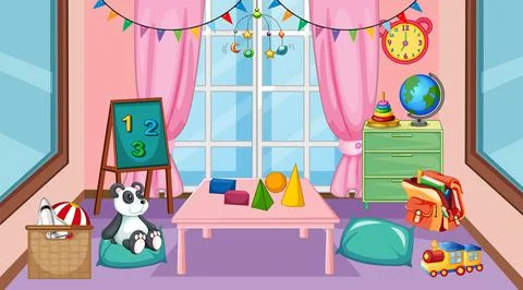 Empty kindergarten classroom interior with many kid toys Stock Illustration