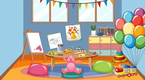 Empty kindergarten classroom interior with many kid toys Stock Illustration