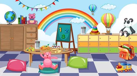 Empty kindergarten classroom interior with many kid toys Stock Illustration