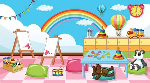 Empty kindergarten classroom interior with many kid toys 스톡 일러스트